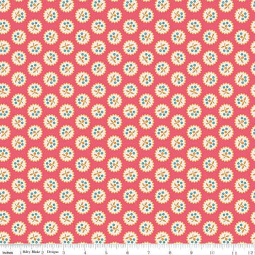 Image of the Americana Betsy Tea Rose quilting cotton fabric by Lori Holt for Riley Blake Designs. Features flowers on a coral background. Cute Little Fabric Shop