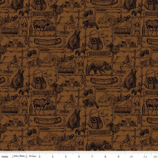 Image of the Pine Grove Outlines Brown quilting cotton fabric by Riley Blake Designs. Features icons on a brown background. Cute Little Fabric Shop