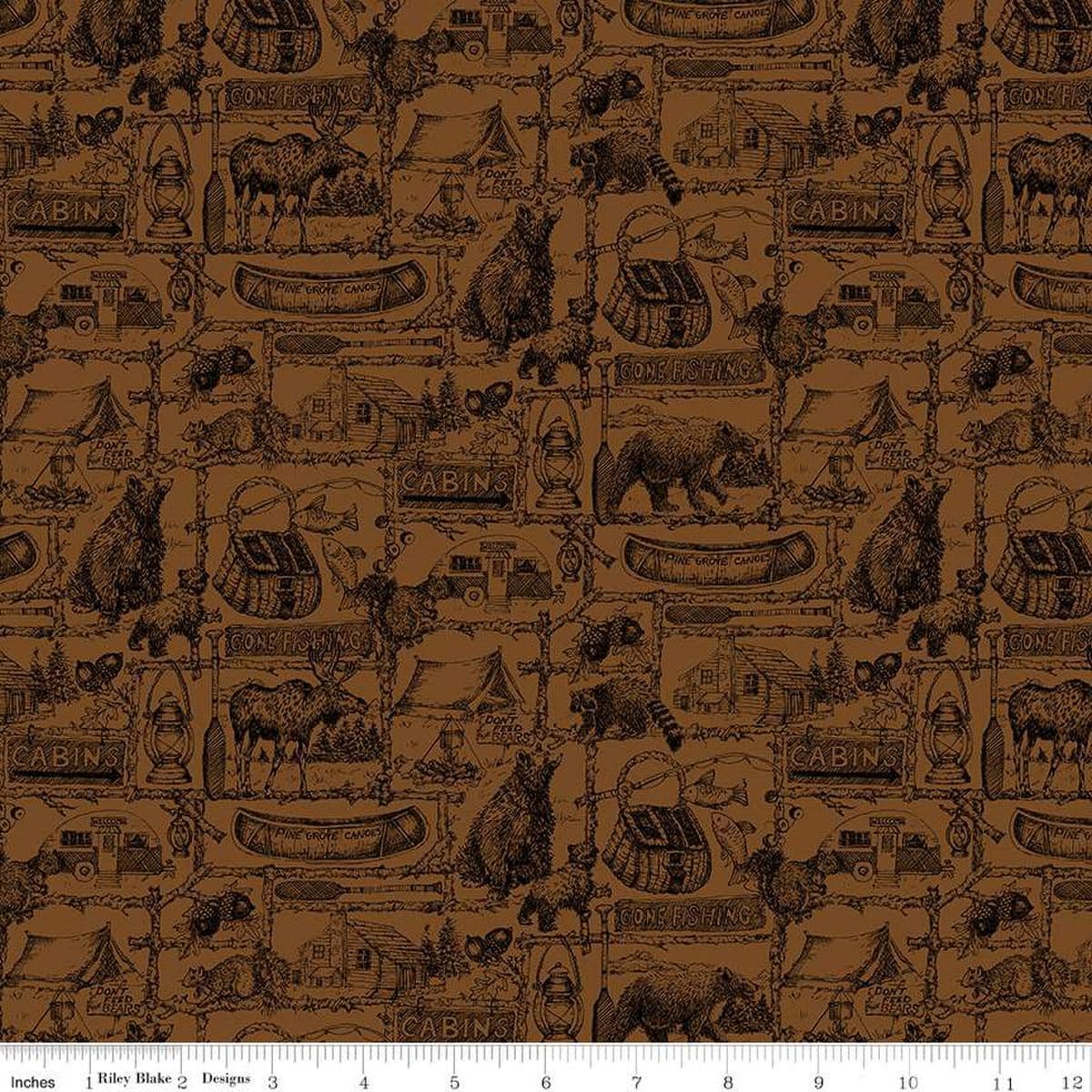 Image of the Pine Grove Outlines Brown quilting cotton fabric by Riley Blake Designs. Features icons on a brown background. Cute Little Fabric Shop