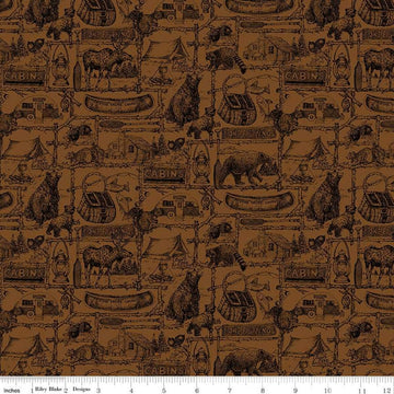 Image of the Pine Grove Outlines Brown quilting cotton fabric by Riley Blake Designs. Features icons on a brown background. Cute Little Fabric Shop