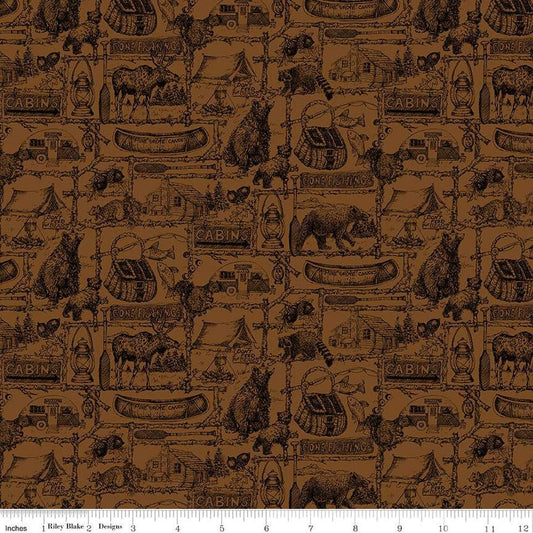 Image of the Pine Grove Outlines Brown quilting cotton fabric by Riley Blake Designs. Features icons on a brown background. Cute Little Fabric Shop