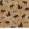 Image of the Pine Grove Animal Toss Tan quilting cotton fabric by Riley Blake Designs. Features animals on a brown background. Cute Little Fabric Shop