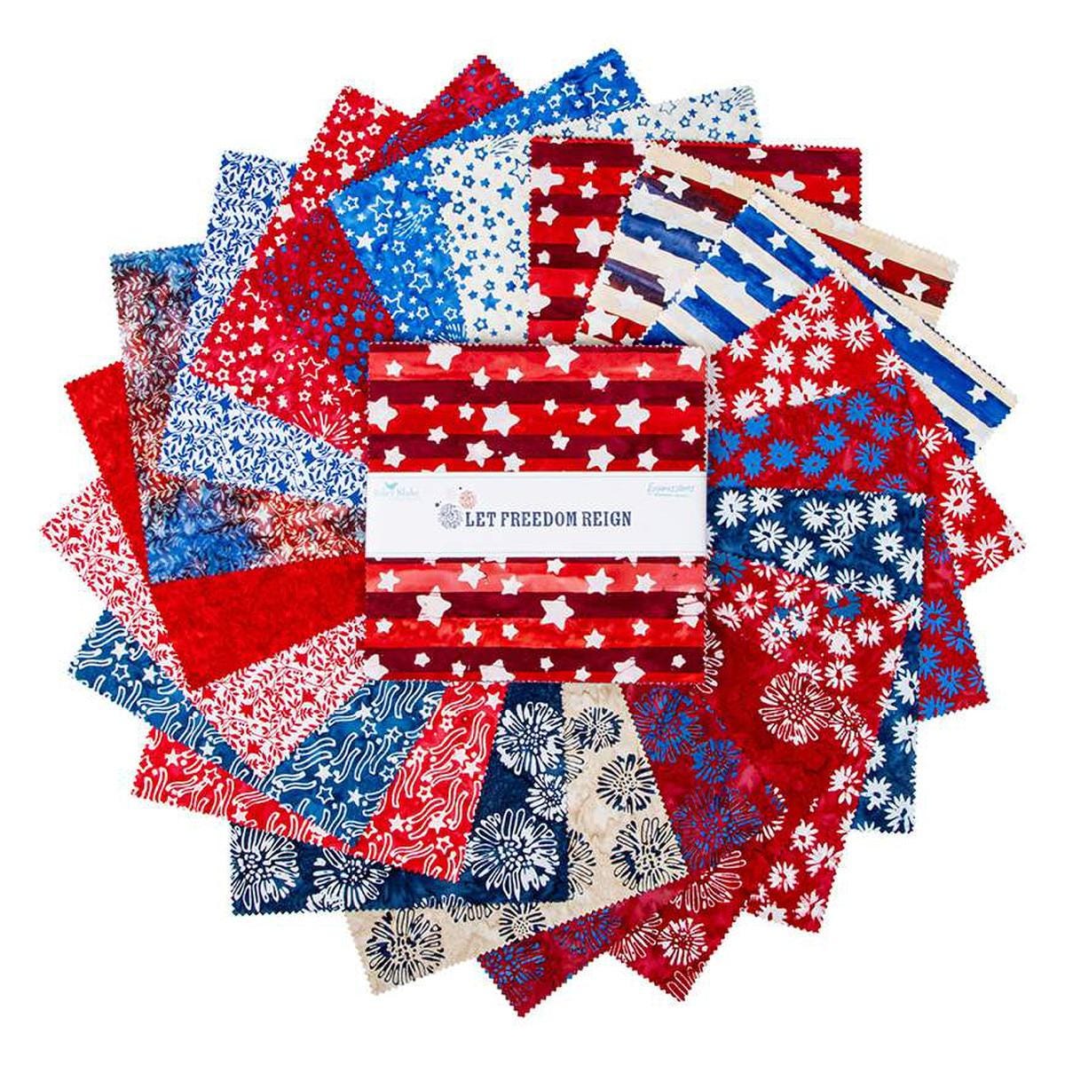 Image of the Expressions Batiks Let Freedom Reign 10 inch Stacker by Riley Blake Designs. Features patriotic themed fabric. 
Cute Little Fabric Shop