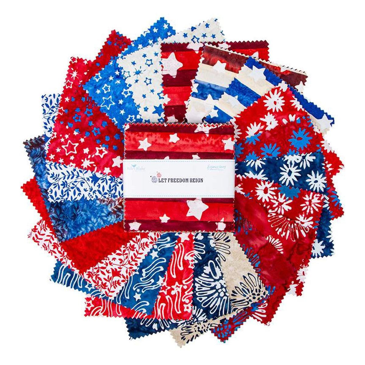 Image of the Expressions Batiks Let Freedom Reign 5 inch Stacker by Riley Blake Designs. Features patriotic fabrics on various backgrounds. 
Cute Little Fabric Shop