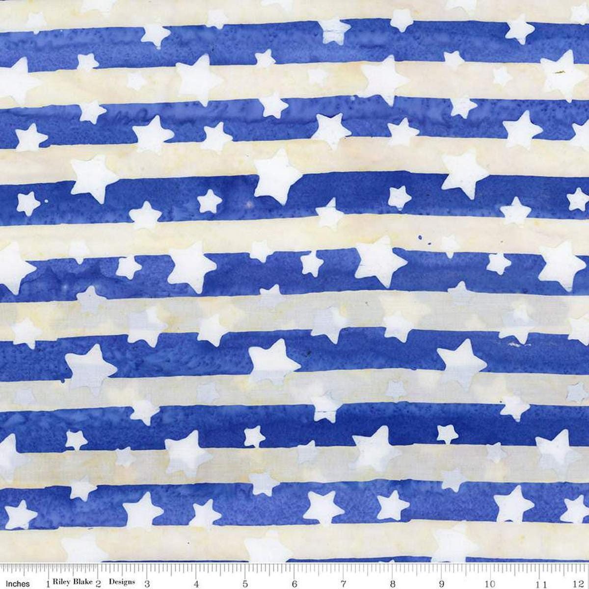 Image of the Expressions Batiks Let Freedom Reign Blueprint Matte quilting cotton fabric by Riley Blake Designs. Features stars on a blue background.
Cute Little Fabric Shop