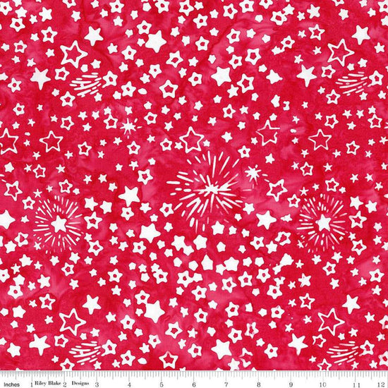 Image of the Wide Back Expressions Batiks Let Freedom Reign Cherry fabric by Riley Blake Designs. Features stars on a red background. 
Cute Little Fabric Shop