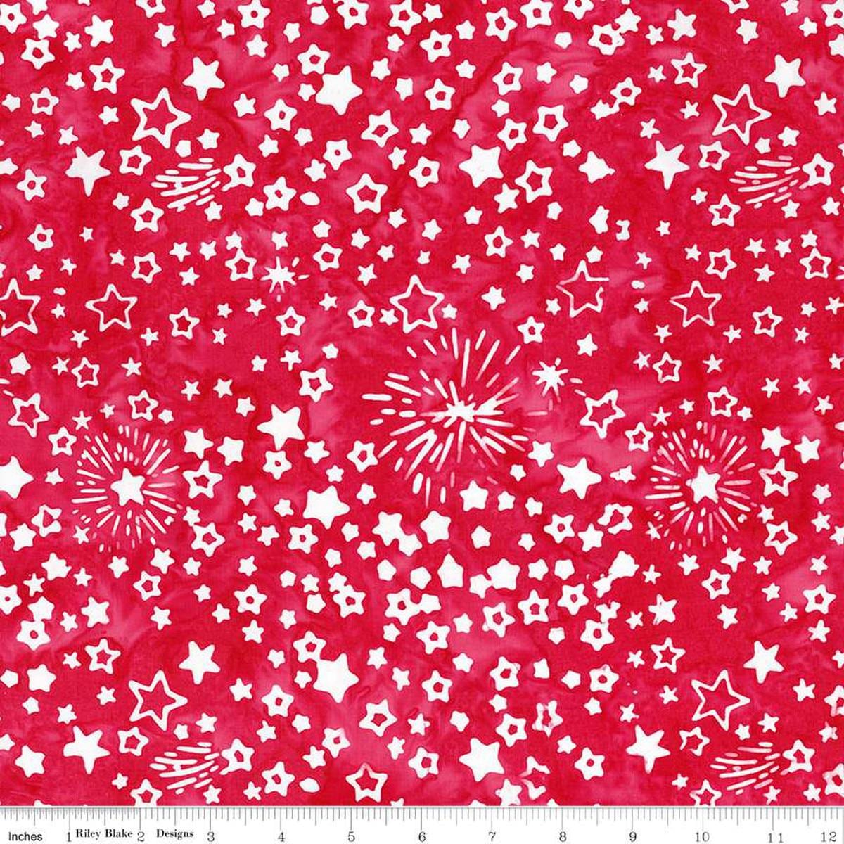 Image of the Wide Back Expressions Batiks Let Freedom Reign Cherry fabric by Riley Blake Designs. Features stars on a red background. 
Cute Little Fabric Shop