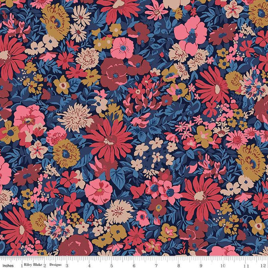 Image of the Wide Width Collection Malvern Field B quilting cotton fabric by Riley Blake Designs. Features floral fabrics on a blue background. Cute Little Fabric Shop