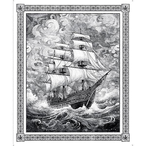 Image of the Ocean Blues Ship Panel Charcoal quilting cotton fabric by QT Fabrics. Features a large gray boat on a panel. 
Cute Little Fabric Shop