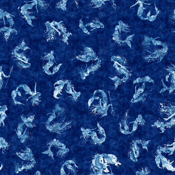 Image of the Ocean Blues Mermaids Navy quilting cotton fabric by Morris Creative Group for Riley Blake Designs. Features mermaids on a blue background. Cute Little Fabric Shop
