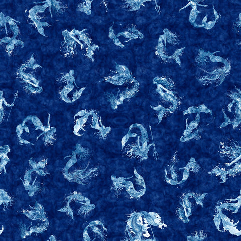 Image of the Ocean Blues Mermaids Navy quilting cotton fabric by Morris Creative Group for Riley Blake Designs. Features mermaids on a blue background. Cute Little Fabric Shop