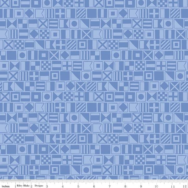 Image of the Yacht Club Flags Sky quilting cotton fabric by Amanda Niederhauser for Riley Blake Designs. Features flags on a blue background. Cute Little Fabric Shop