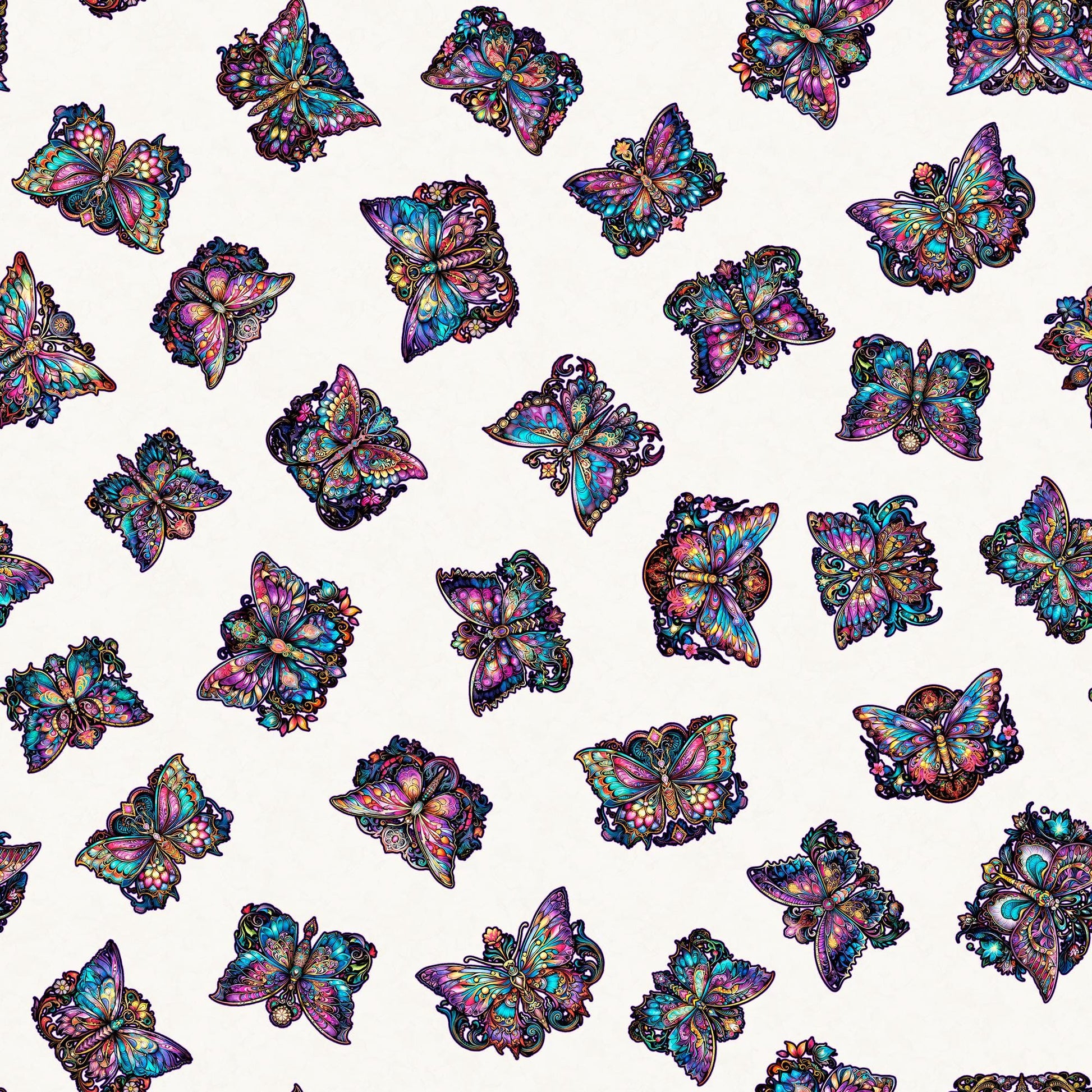 Image of the Night Flight Butterfly Toss Beige quilting cotton fabric by Morris Creative Group for QT Fabrics. Features butterflies on a cream background. Cute Little Fabric Shop