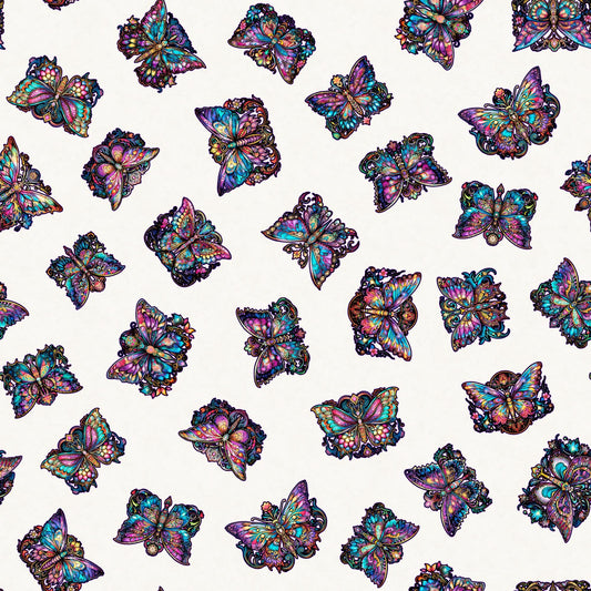 Image of the Night Flight Butterfly Toss Beige quilting cotton fabric by Morris Creative Group for QT Fabrics. Features butterflies on a cream background. Cute Little Fabric Shop