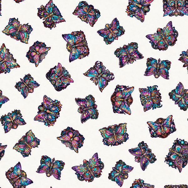 Image of the Night Flight Butterfly Toss Beige quilting cotton fabric by Morris Creative Group for QT Fabrics. Features butterflies on a cream background. Cute Little Fabric Shop