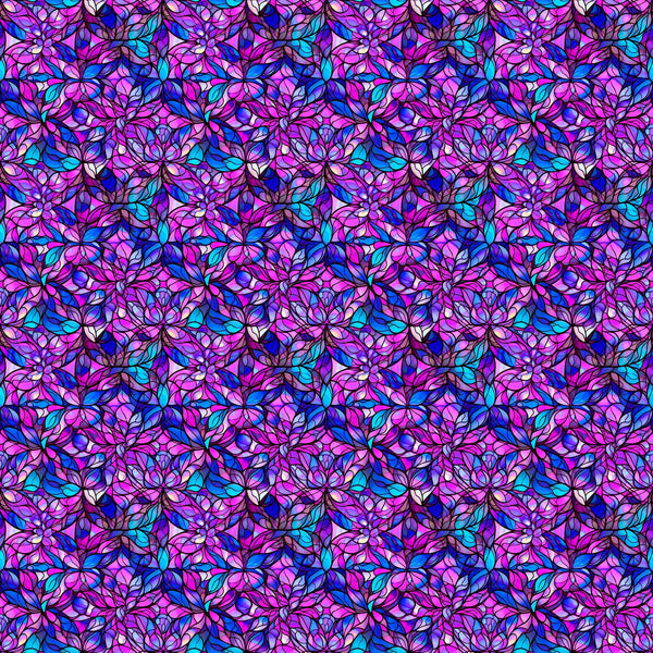 Image of the Night Flight Stained Glass Magenta quilting cotton fabric by Morris Creative Group for QT Fabrics. Features swirls on a purple background. Cute Little Fabric Shop