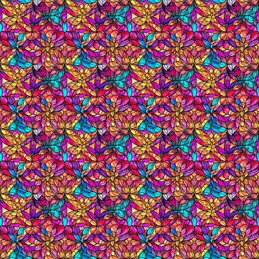 Image of the Night Flight Stained Glass Multi quilting cotton fabric by Morris Creative Group for QT Fabrics. Features swirls on a colorful background. Cute Little Fabric Shop