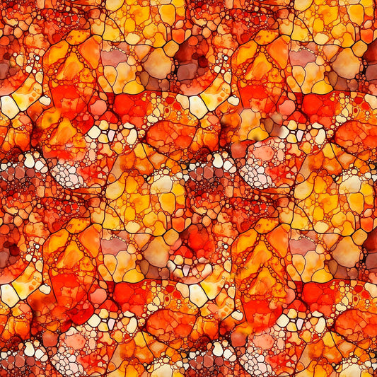 Image of the Night Flight Mosaic Orange quilting cotton fabric by Morris Creative Group for QT Fabrics. Features swirls on an orange background. Cute Little Fabric Shop
