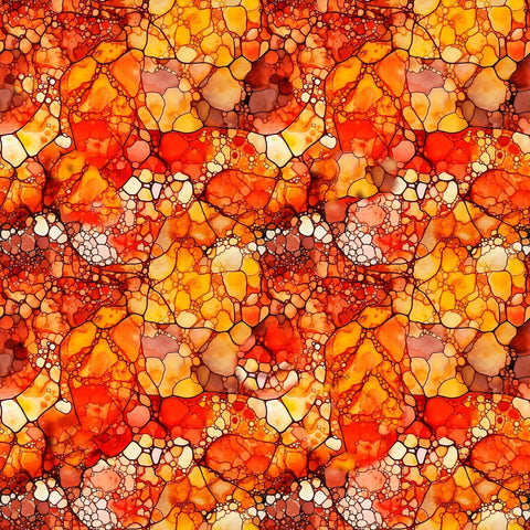 Image of the Night Flight Mosaic Orange quilting cotton fabric by Morris Creative Group for QT Fabrics. Features swirls on an orange background. Cute Little Fabric Shop