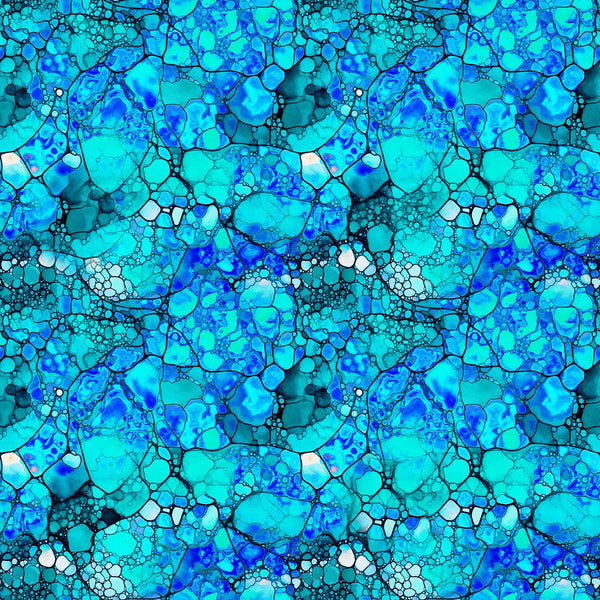 Image of the Night Flight Mosaic Turquoise quilting cotton fabric by Morris Creative Group for QT Fabrics. Features swirls on a pink background. Cute Little Fabric Shop