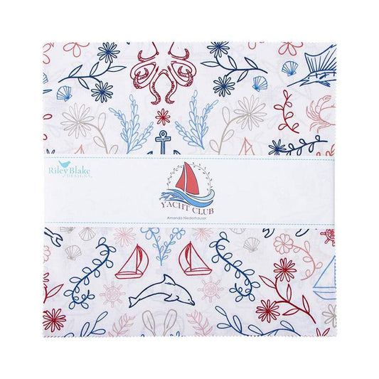 Image of the Yacht Club 10" Stacker by Amanda Niederhauser for Riley Blake Designs. Features boating themed fabrics on various backgrounds. Cute Little Fabric Shop