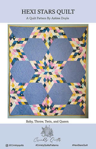 Image of the 
Hexi Stars quilt pattern by Crinkly Quilts by Moda Fabrics. Features stars on a quilt.
Cute Little Fabric Shop