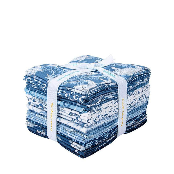 Image of the Ocean Oasis fat quarter bundle by Diane Labombarbe for Riley Blake Designs. Features blue ocean themed fabrics on blue backgrounds. 
Cute Little Fabric Shop