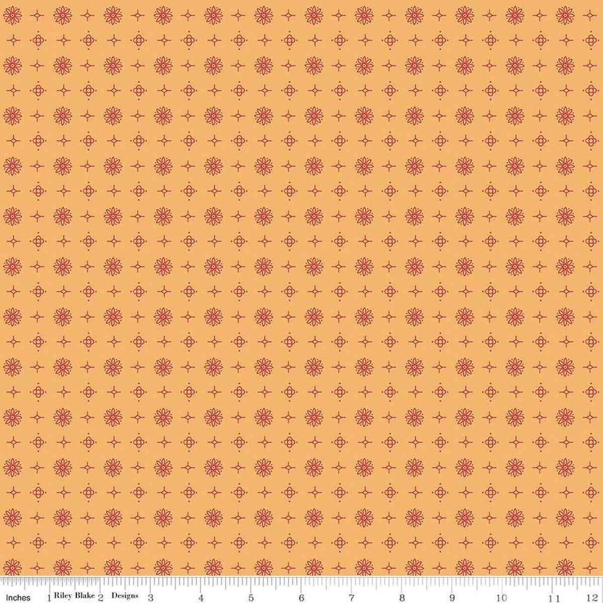 Image of the Americana Lincoln Marigold quilting cotton fabric by Lori Holt for Riley Blake Designs. Features flowers on a yellow background. Cute Little Fabric Shop