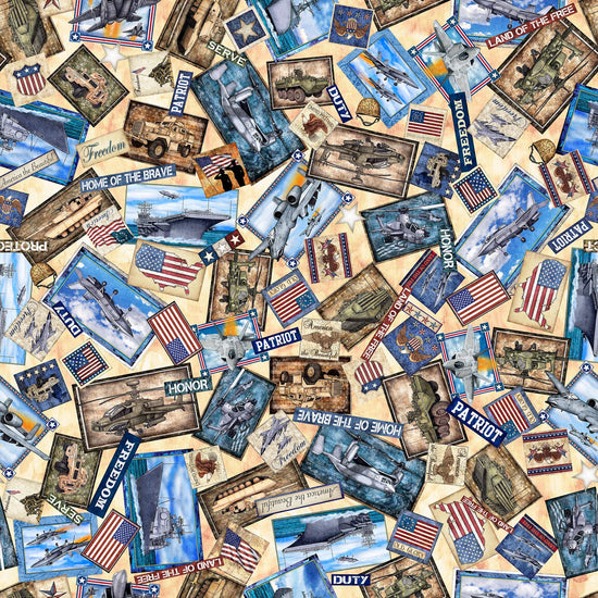 Image of the Patriot Military Collage Tan quilting cotton fabric by QT Fabrics. Features icons on a brown background. Cute Little Fabric Shop