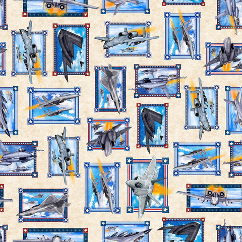 Image of the Patriot Army Patch Cream quilting cotton fabric by QT Fabrics. Features icons on a cream background. Cute Little Fabric Shop