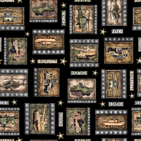 Image of the Patriot Army Patch Black quilting cotton fabric by QT Fabrics. Features icons on a black background. Cute Little Fabric Shop