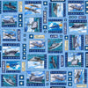 Image of the Patriot Navy Patch Blue quilting cotton fabric by QT Fabrics. Features icons on a blue background. Cute Little Fabric Shop