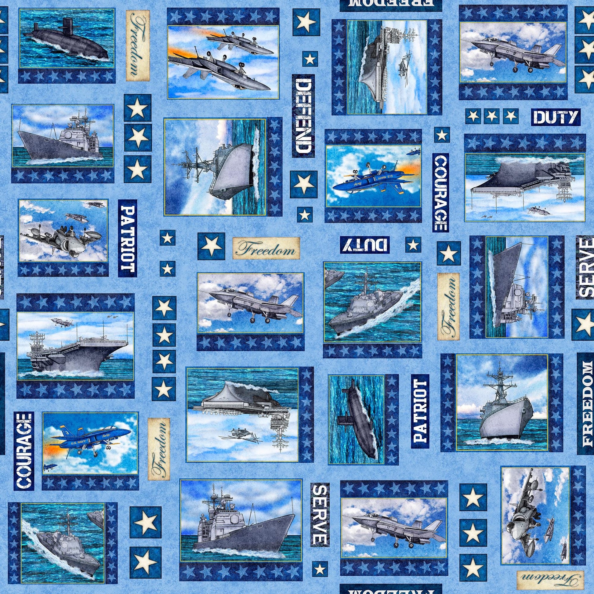Image of the Patriot Navy Patch Blue quilting cotton fabric by QT Fabrics. Features icons on a blue background. Cute Little Fabric Shop