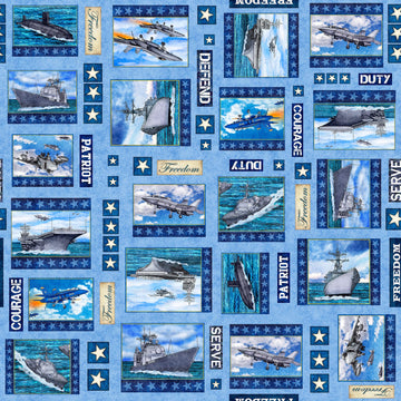 Image of the Patriot Navy Patch Blue quilting cotton fabric by QT Fabrics. Features icons on a blue background. Cute Little Fabric Shop