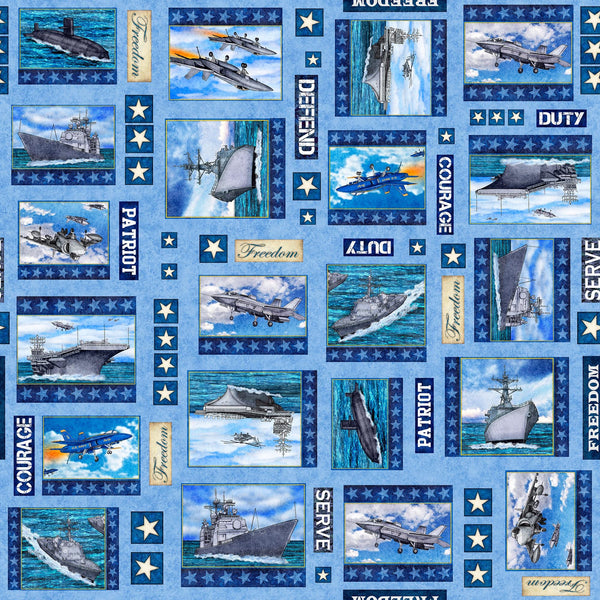 Image of the Patriot Navy Patch Blue quilting cotton fabric by QT Fabrics. Features icons on a blue background. Cute Little Fabric Shop