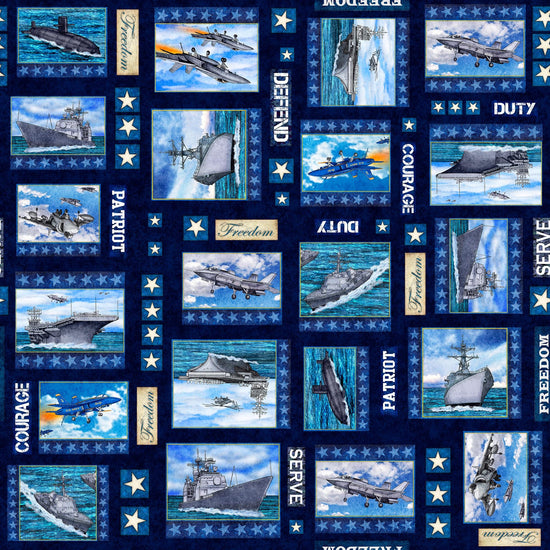Image of the Patriot Navy Patch Navy quilting cotton fabric by QT Fabrics. Features icons on a navy background. Cute Little Fabric Shop