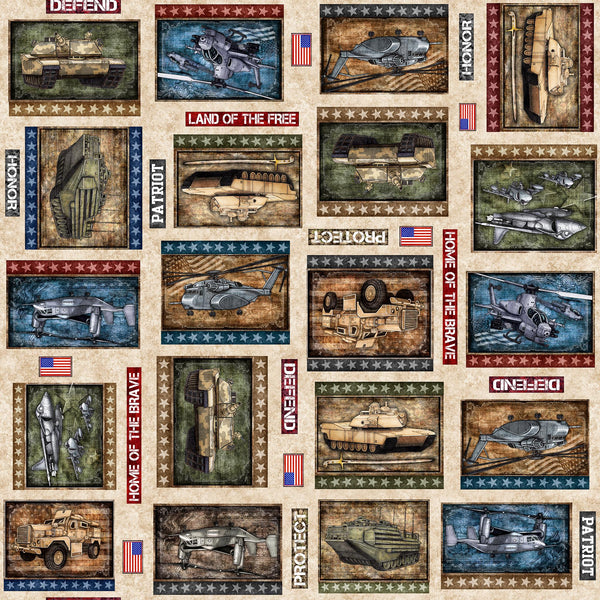 Image of the Patriot Marines Patch Tan quilting cotton fabric by QT Fabrics. Features icons on a tan background. Cute Little Fabric Shop