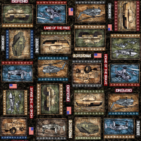 Image of the Patriot Marines Patch Black quilting cotton fabric by QT Fabrics. Features icons on a black background. Cute Little Fabric Shop