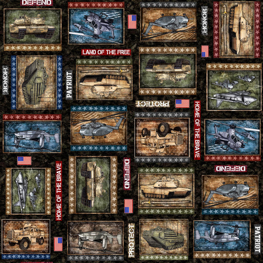 Image of the Patriot Marines Patch Black quilting cotton fabric by QT Fabrics. Features icons on a black background. Cute Little Fabric Shop