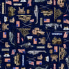 Image of the Patriot Army Marines Allover Navy quilting cotton fabric by QT Fabrics. Features icons on a blue background. Cute Little Fabric Shop