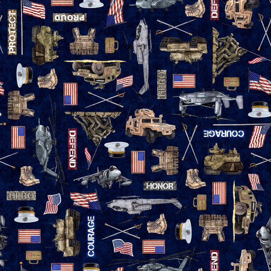 Image of the Patriot Army Marines Allover Navy quilting cotton fabric by QT Fabrics. Features icons on a blue background. Cute Little Fabric Shop