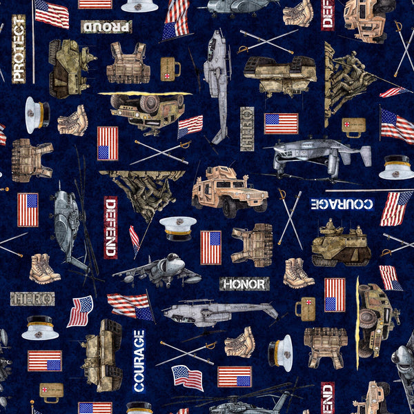 Image of the Patriot Army Marines Allover Navy quilting cotton fabric by QT Fabrics. Features icons on a blue background. Cute Little Fabric Shop