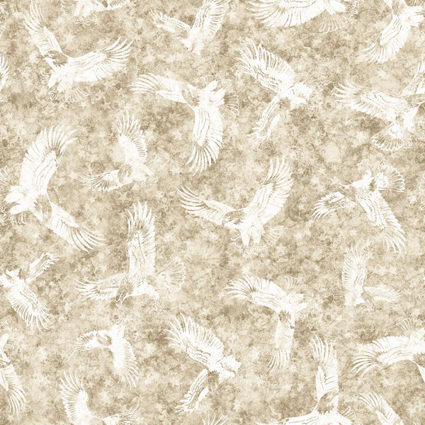 Image of the Patriot Eagle Tonal Tan quilting cotton fabric by QT Fabrics. Features icons on a tan background. Cute Little Fabric Shop