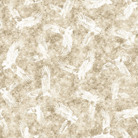 Image of the Patriot Eagle Tonal Tan quilting cotton fabric by QT Fabrics. Features icons on a tan background. Cute Little Fabric Shop