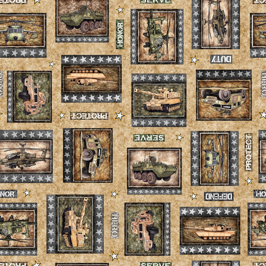 Image of the Patriot Army Patch LT Brown quilting cotton fabric by QT Fabrics. Features icons on a brown background. Cute Little Fabric Shop