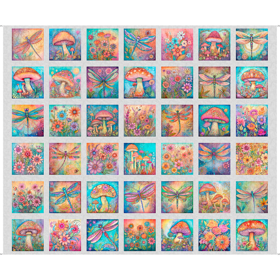 Image of the Spring Bling Butterfly Floral and Mushroom panel by QT Fabrics. Features brightly colored butterflies and mushrooms. Cute Little Fabric Shop