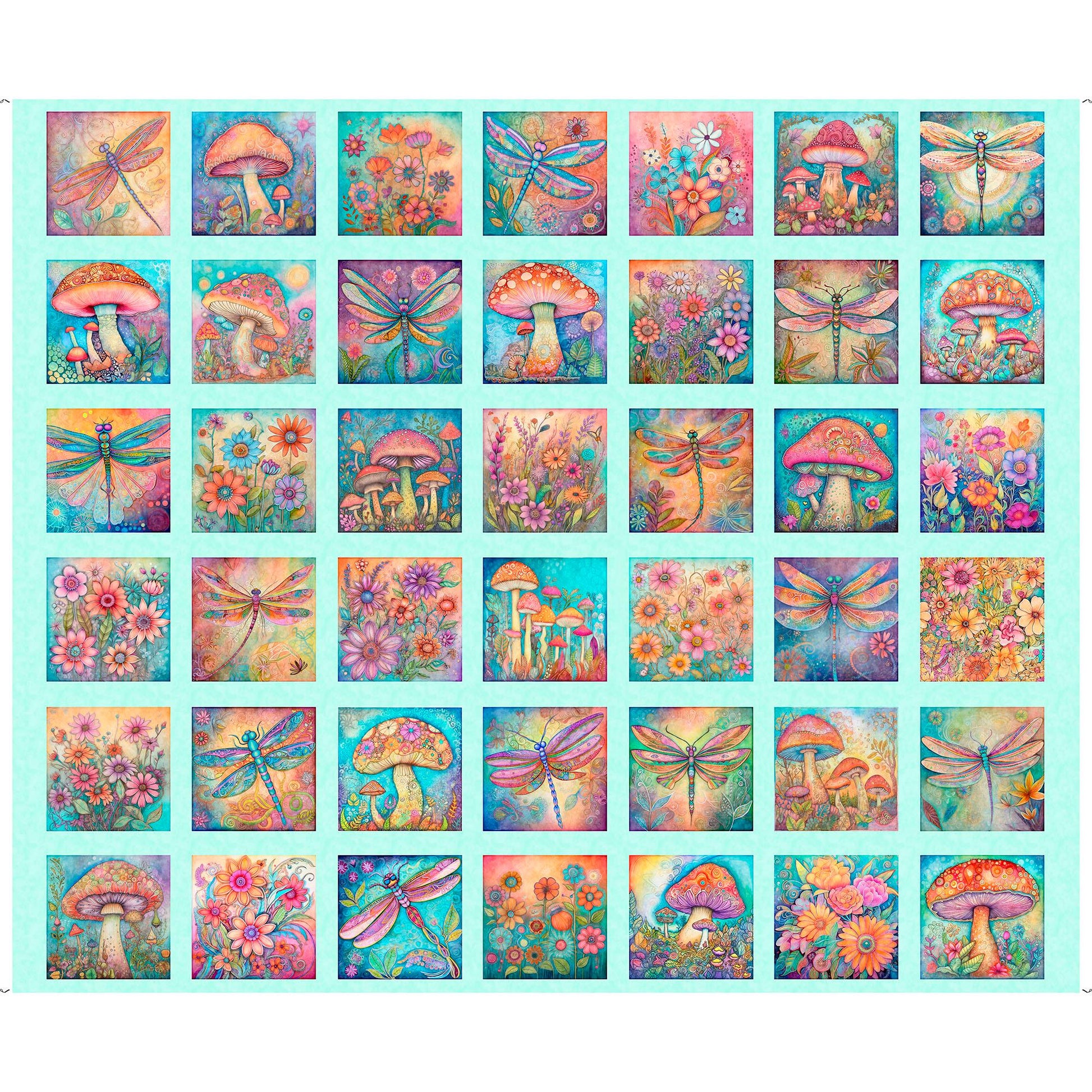 Image of the Spring Bling Butterfly Floral and Mushroom quilting cotton fabric by QT Fabrics. Features flowers and fungi on an aqua background. 
Cute Little Fabric Shop