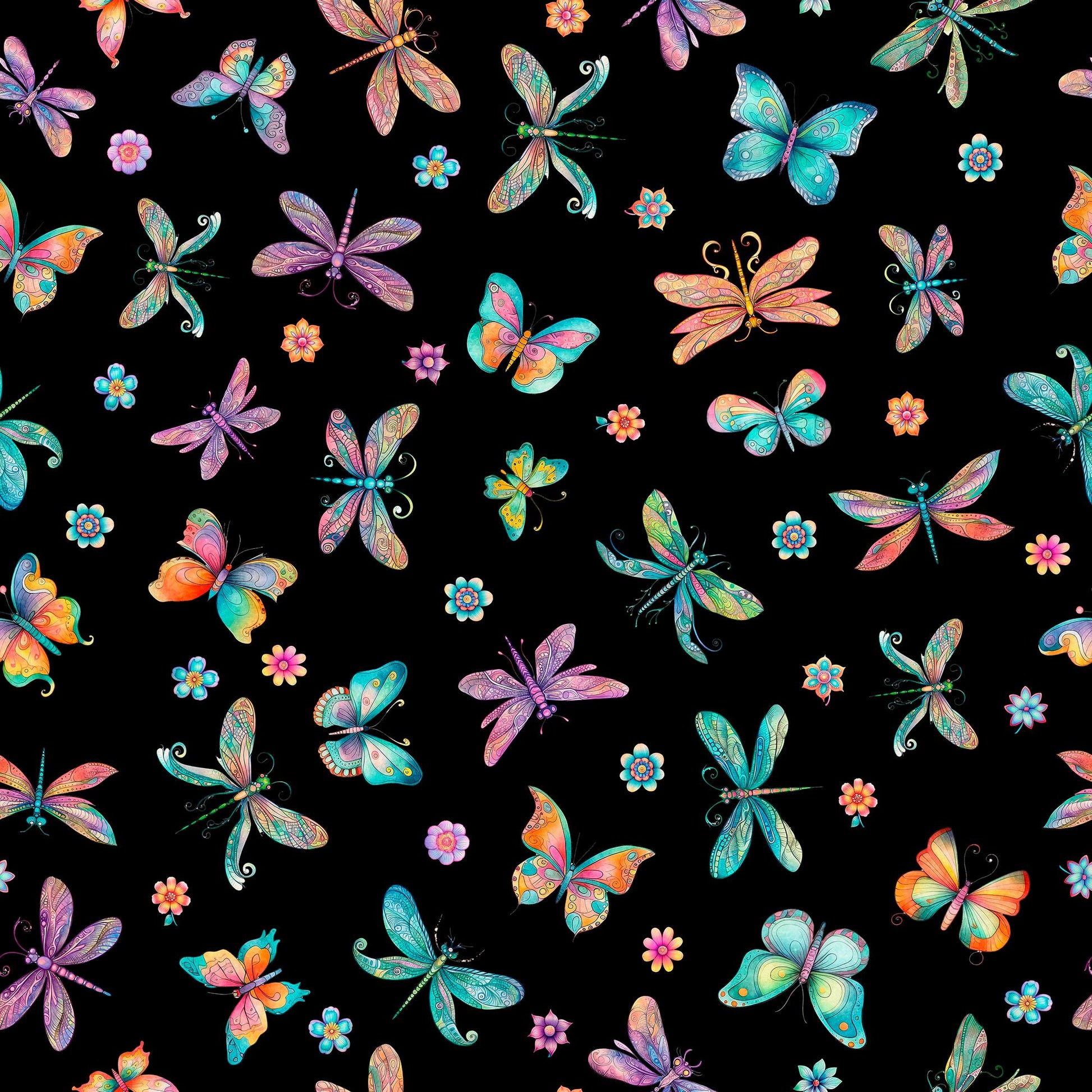 Image of the Spring Bling Butterflies Black quilting cotton fabric. Features butterflies on a black background. Cute Little Fabric Shop