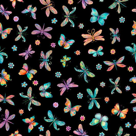 Image of the Spring Bling Butterflies Black quilting cotton fabric. Features butterflies on a black background. Cute Little Fabric Shop