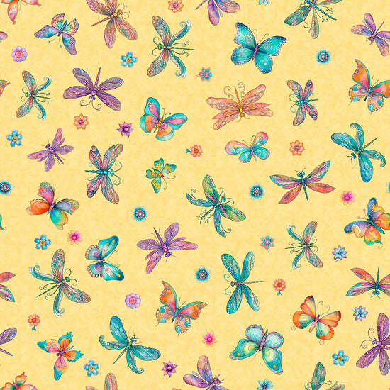 Image of the Spring Bling Butterflies Banana quilting cotton fabric. Features butterflies on a yellow background. Cute Little Fabric Shop